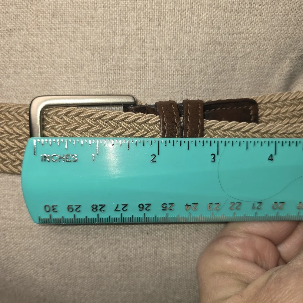 DOCKERS TAN CANVAS CLOTH BELT BROWN LEATHER ACCENTS MENS LARGE 38/40